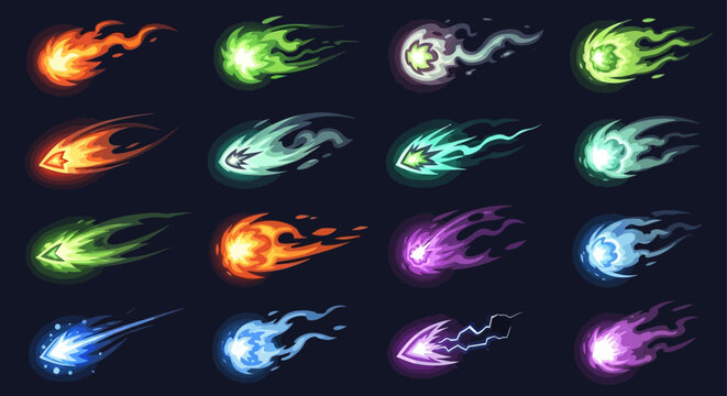 Collection of Colorful Magic Energy Projectiles and Fireballs for Game Design - Stylized VFX Sprites with Motion Trails for Fantasy and Sci-Fi Video Games