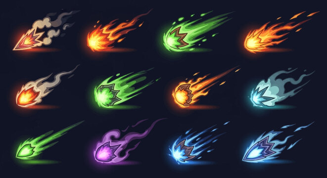 Set of Stylized Cartoon Fireball and Magic Spell Projectiles for Game Design and Animation