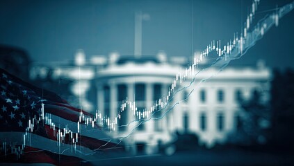 Naklejka premium American flag waves in foreground, graph overlaying the blurred White House