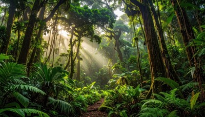 Fototapeta premium Sunlight streams through the dense canopy of a lush rainforest, illuminating a winding path and creating a serene and mystical atmosphere.