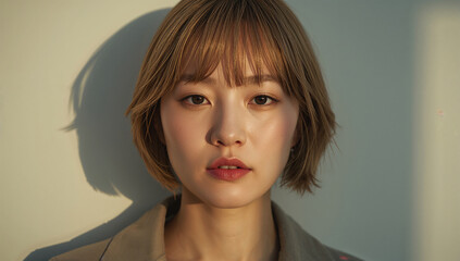 Naklejka premium 冬の柔らかな光に包まれて壁際に佇む金髪女性の肖像写真