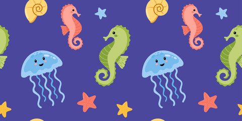 Fototapeta premium Cute sea creatures seamless pattern with seahorses jellyfish starfish and shells on purple background, adorable ocean animals cartoon style vector illustration for kids textile design