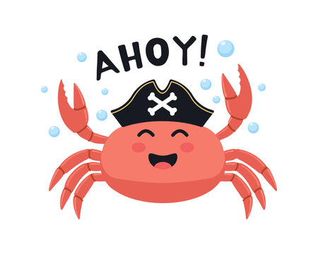 Cute cartoon pirate crab with black hat and skull bones saying ahoy surrounded by bubbles, cheerful coral red crustacean character illustration for marine nautical ocean sea theme