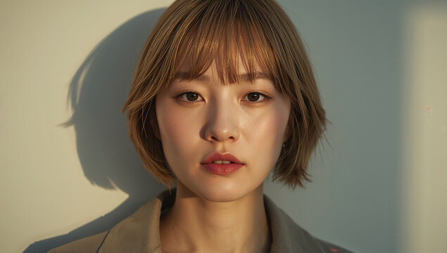 冬の柔らかな光に包まれて壁際に佇む金髪女性の肖像写真