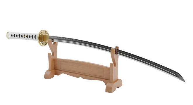 A katana sword rests on a wooden stand against a transparent background.