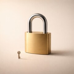 Fototapeta premium Golden padlock with key on neutral background security protection concept minimal design