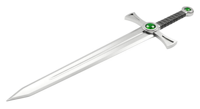 A silver sword with green gemstones on the hilt lies on a transparent background.