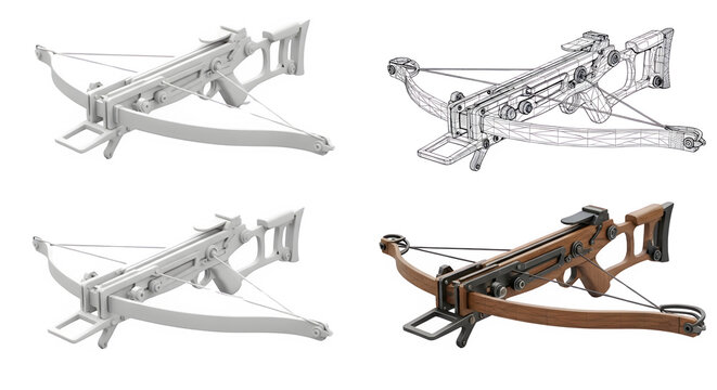 Detailed crossbow designs with various transparent background styles on display