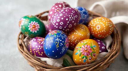 Fototapeta premium A rustic woven basket filled with an assortment of vibrantly decorated and patterned Easter eggs.