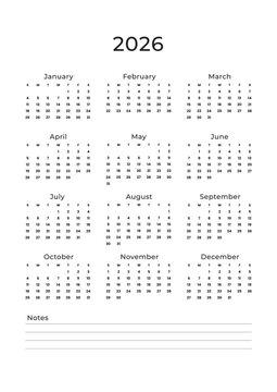 Minimal 2026 yearly calendar template with notes section