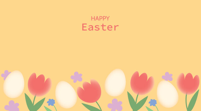 happy easter card background poster with egg ans flowers. modern blurred style illustration ,postcards, poster, ad	
