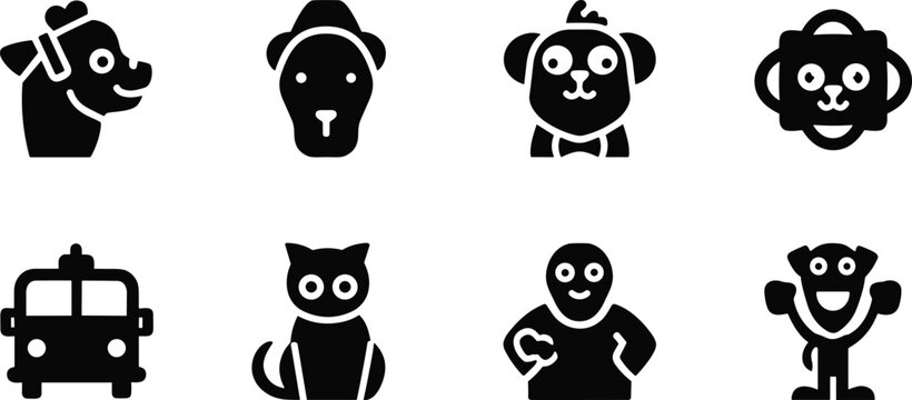 Animal and human silhouette icons with dog headband, cat sitting, monkey face, bus vehicle, playful design, black vector illustration