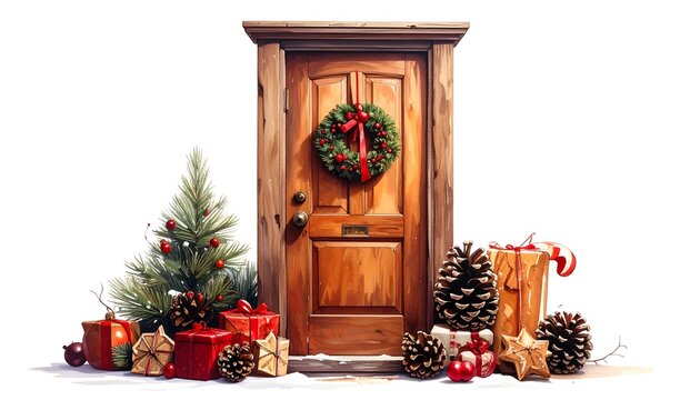 A festive front door scene depicts holiday cheer. Presents, pinecones, and a wreath adorn a wooden door with a snow-covered stoop
