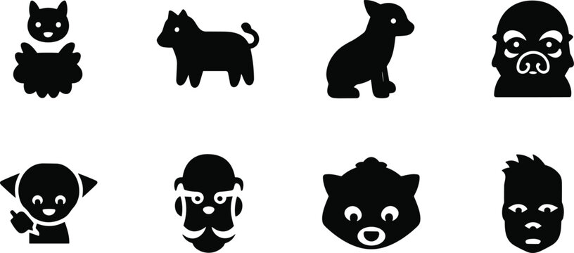 Animal and human silhouette icons with sheep, cow, dog, pug, child with phone, man with glasses, bear, mohawk hairstyle