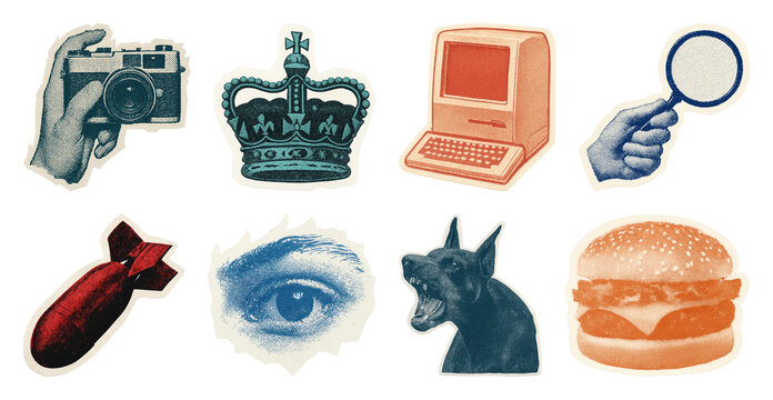 PNG Retro stickers with diverse objects, transparent background