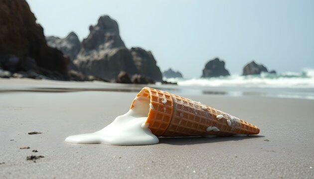 A seashell lies on the sandy beach with foamy waves crashing against rugged rocks in the background.