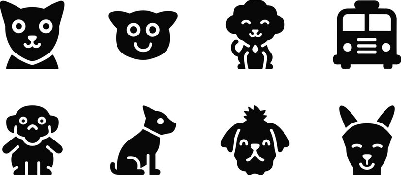 Animal and vehicle icon set with cat faces, dog silhouettes, poodle bow tie, school bus front view, playful black vector illustration
