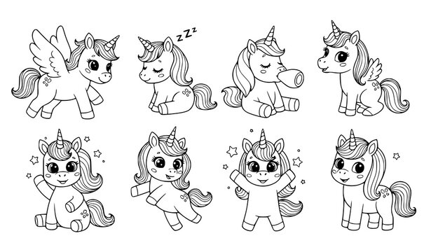 Cute unicorn coloring page set with six playful fantasy unicorn characters in outline vector style for kids activity book