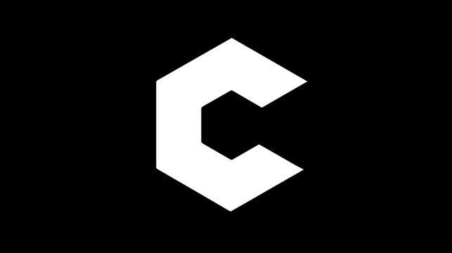 Modern abstract white geometric hexagonal C-shape icon on black background, minimalist clean graphic design element or logo concept