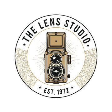 Vintage Camera Studio Logo Emblem with Circular Badge and Retro Design Elements.
