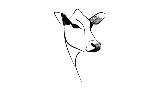 Simple black and white line art illustration of a cow head. Minimalist graphic drawing of cattle, perfect for logos or farm concepts.