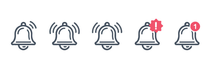 Fototapeta premium Ringing bell icons with notification badges and exclamation warning signs for mobile application interfaces.