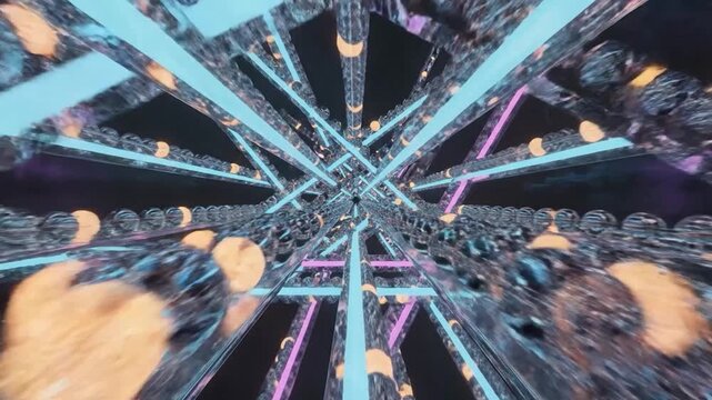 An abstract, kaleidoscopic tunnel of geometric shapes and glowing lights creates a sense of infinite depth and futuristic motion