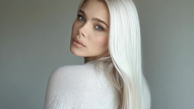 Young woman with perfect straight platinum blonde hair turning around and looking at the camera