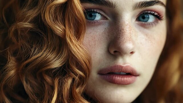 Extreme close-up of a young woman's face with red curly hair and freckles looking at the camera