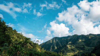 Fototapeta premium Lush green mountain landscape under bright blue sky with scattered clouds for nature background and outdoor travel wallpaper
