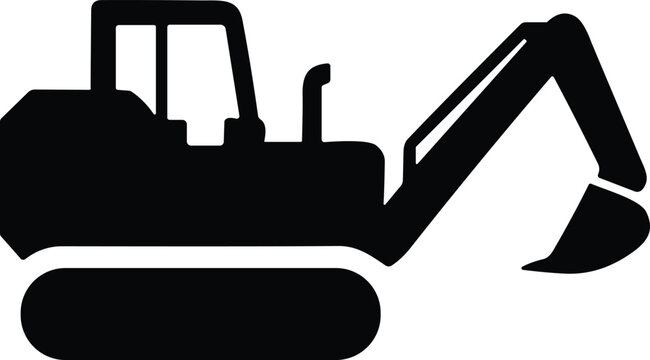 Excavator silhouette icon with cab, tracks, articulated arm, digging bucket, heavy construction machinery, earthmoving equipment vector illustration