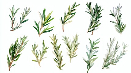 Obraz premium Watercolor illustration of five rosemary sprigs on white background, soft green leaves with one sprig showing small purple flowers