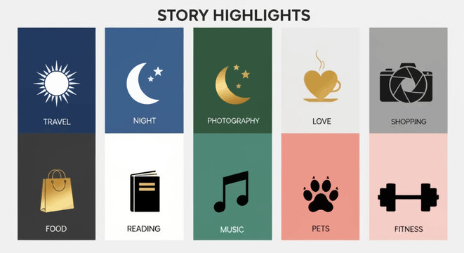 A vibrant grid displaying ten story highlight icons with diverse labels such as travel, night, photography, love, shopping, food, reading, music, pets, and fitness.
