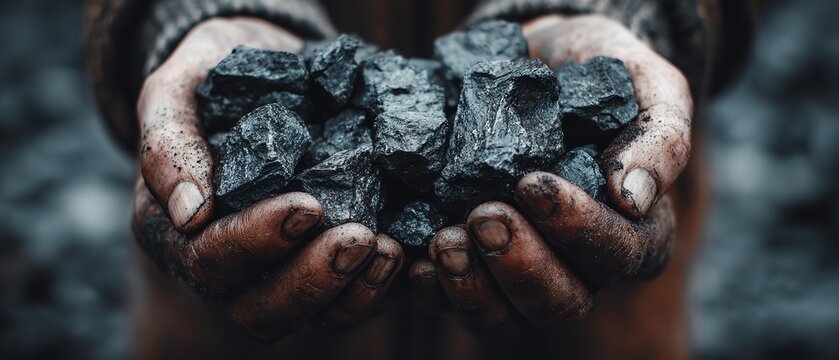 Coal grains in man coal miner's hands closeup.