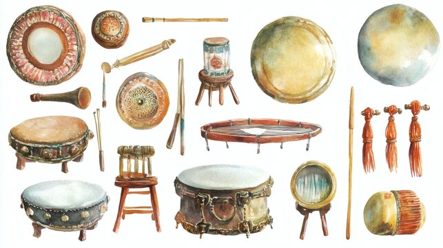 Collection of hand-painted percussion instruments and mallets arranged on white background, watercolor illustration with warm earthy tones.