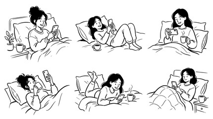 Obraz premium Young woman relaxing in bed using smartphone and drinking coffee enjoying morning routine and leisure time at home