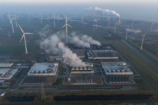 Aerial view of data center campus operating with wind energy