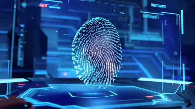Futuristic biometric security interface showcasing glowing fingerprint scanning visualization in holographic data environment