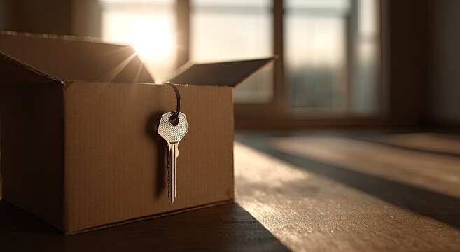 Cardboard box with a key hanging, set on wooden flooring, sunlight streaming through a window