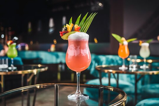 Fresh cocktail glass on glass table in night club restaurant