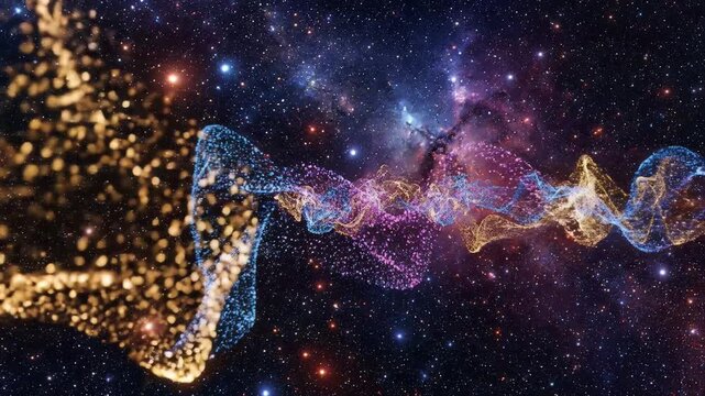 Abstract cosmic background featuring flowing golden and blue particles forming a dynamic wave energy stream against a deep space nebula backdrop