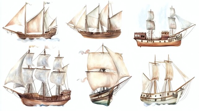Watercolor illustrations of six vintage wooden sailing ships on white background, soft brown and beige tones, airy sails and gentle waves.
