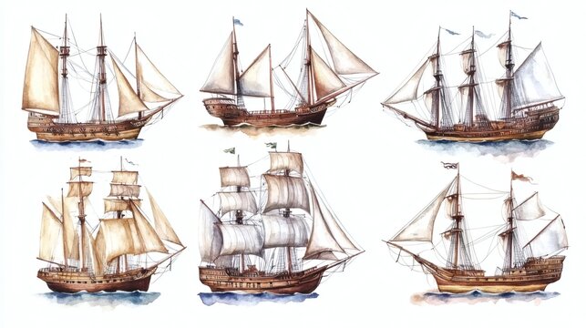 Watercolor illustrations of six vintage wooden sailing ships on white background, soft brown and beige tones, airy sails and gentle waves.