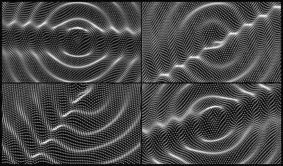 Naklejka na ściany i meble Abstract wavy background. Ripple effect. Grid surface. Wrinkled surface texture. Sound visualization. Black and white. 3D illustration for brochure, poster, cover, card, presentation, flyer or banner.