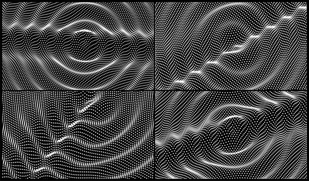 Abstract wavy background. Ripple effect. Grid surface. Wrinkled surface texture. Sound visualization. Black and white. 3D illustration for brochure, poster, cover, card, presentation, flyer or banner.