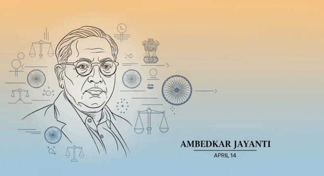 Line art illustration of B. R. Ambedkar for Ambedkar Jayanti, featuring scales of justice and Indian national symbols on a gradient background.