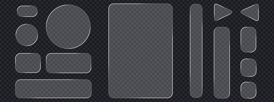 Modern glass morphism UI button set with various geometric shapes. Transparent crystal frames for web and mobile interface design. Vector Illustration.