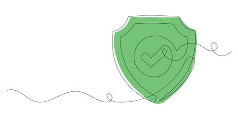 One line drawing of security shield with check mark. Protection and safety guarantee concept. Vector Illustration. © MdNurul