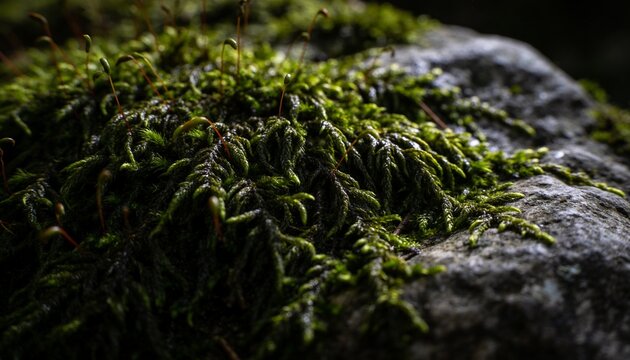 Showing dense patch of green moss growing on weathered grey rock, with glossy sporophyte stalks