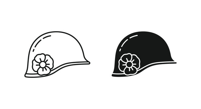 Hard hat icons, safety helmet symbols, construction worker headgear, line and solid black